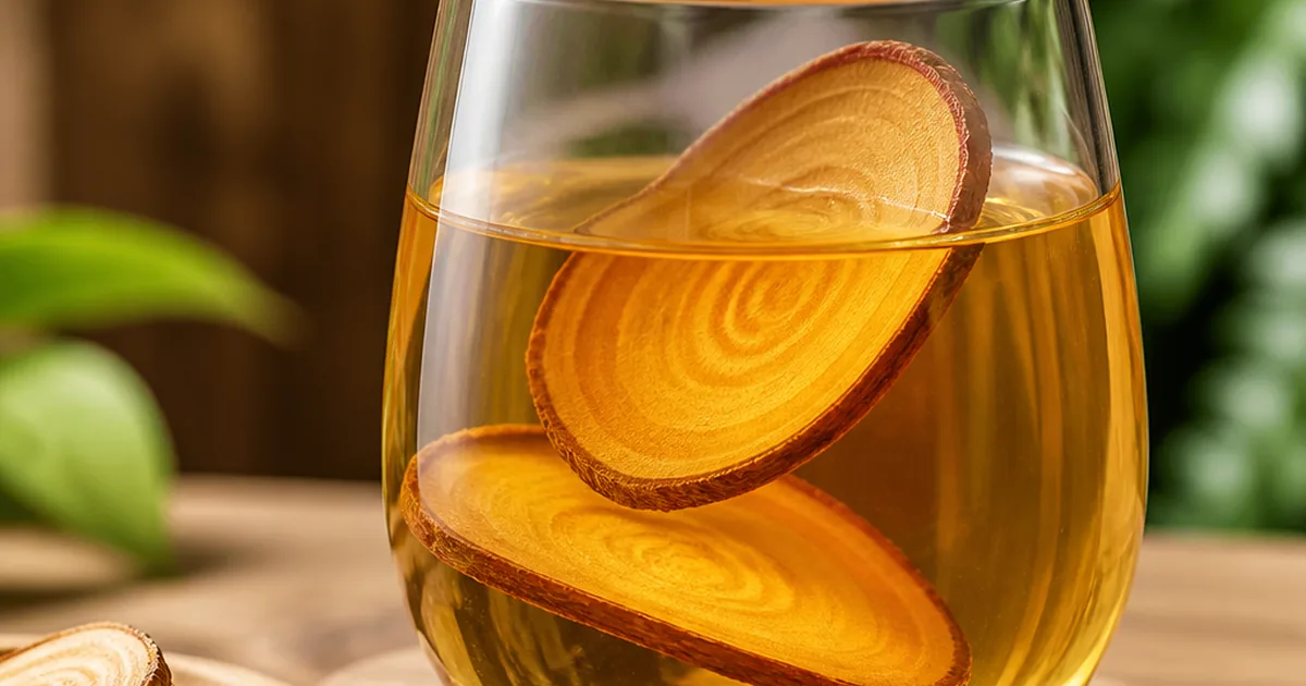 Red Tongkat Ali root slices steeping in golden amber tea — traditional brew
