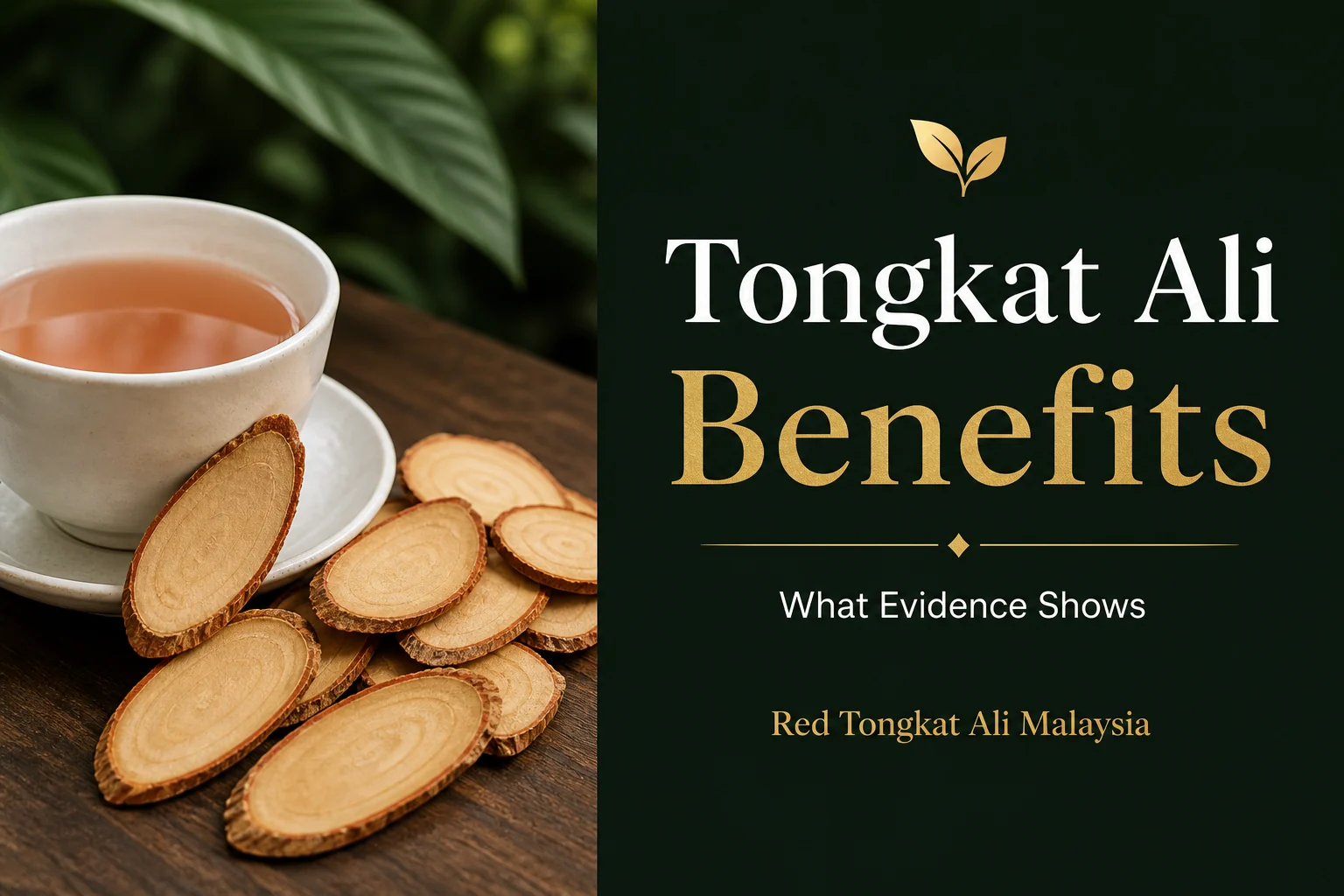 Tongkat Ali tea in a cup beside dried root slices — benefits mapped to evidence, not proven for this batch
